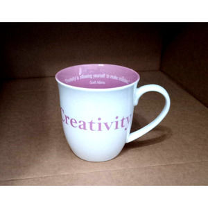 ECO ONE cup, with Creativity printed on one side. White and pink.